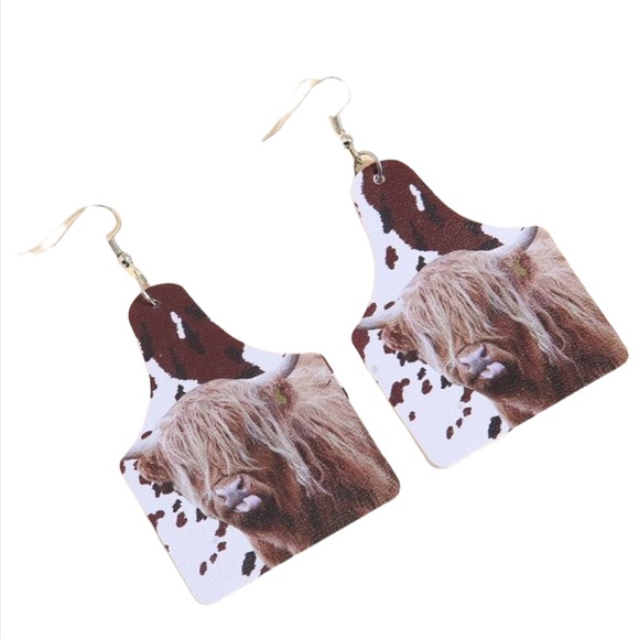 •Leather Cow Geometric Dangle Earrings• - Picture 2 of 4